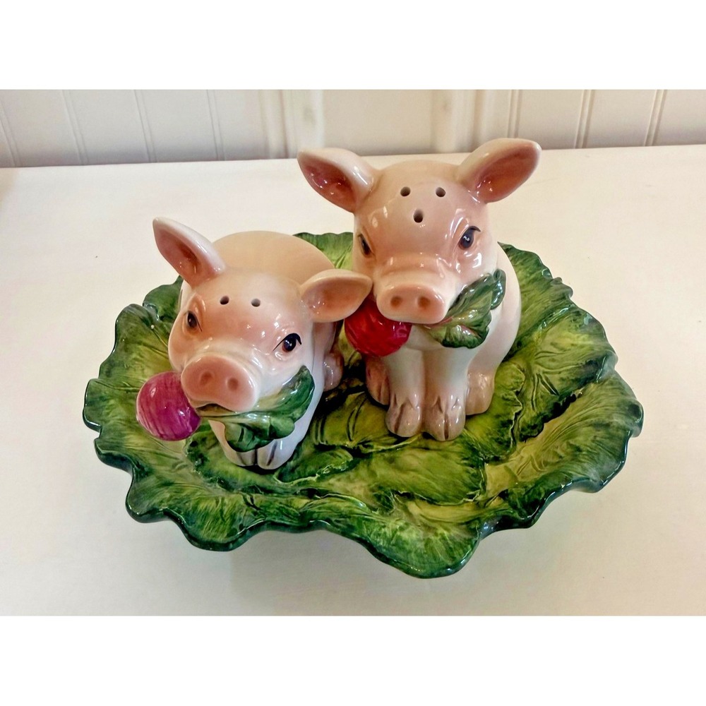 Fitz And Floyd Pig Salt Pepper Shakers Leaf Cabbage‎ Tray Ceramic Decor